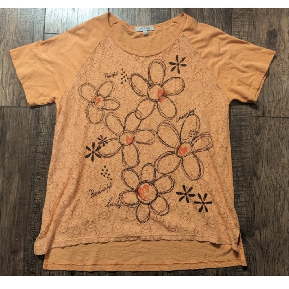 Jess & Jane Orange Floral w/ Hearts Short Sleeved Tunic Top Shirt Large USA